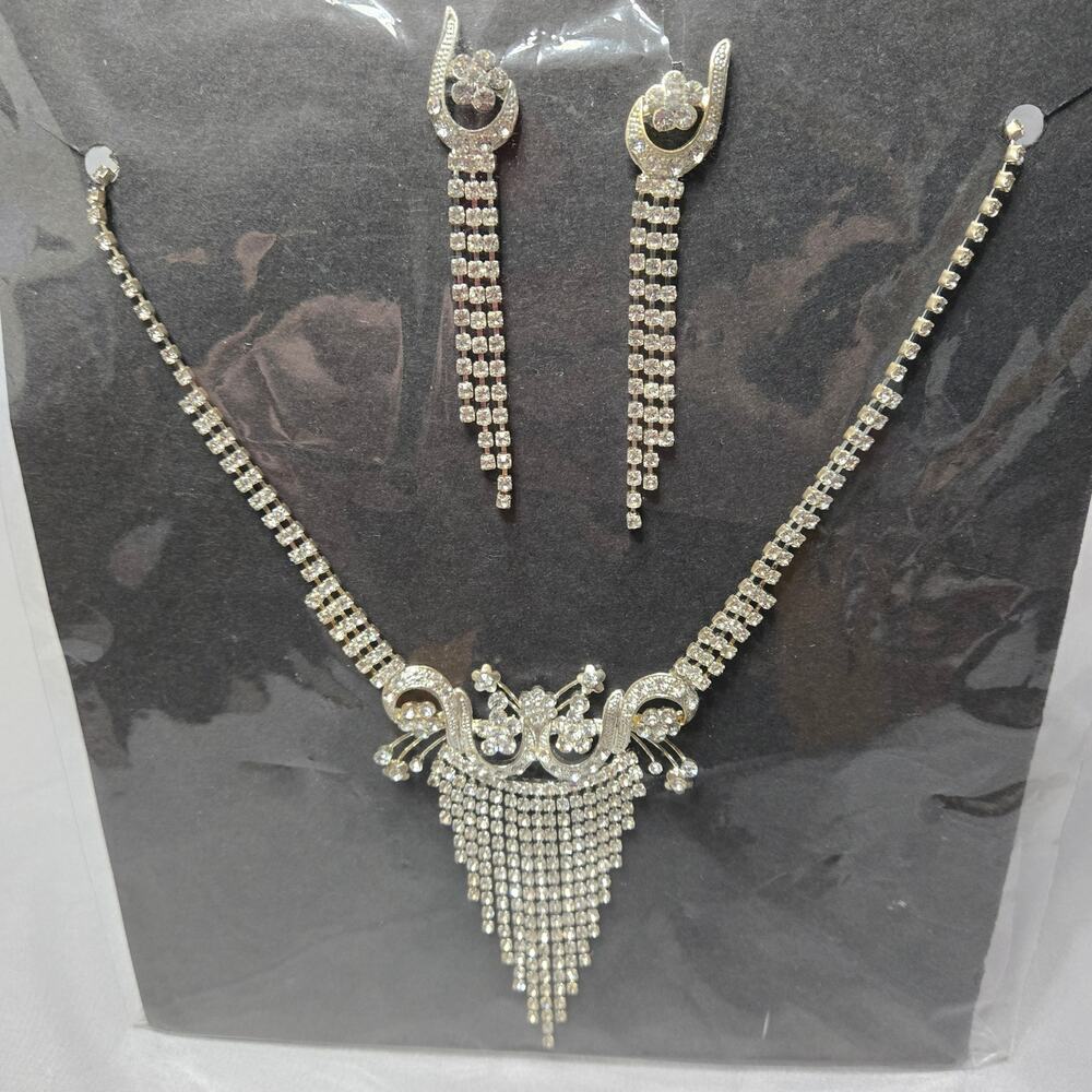 Silver Rhinestone Statement Necklace & Long Dangle Earrings Set